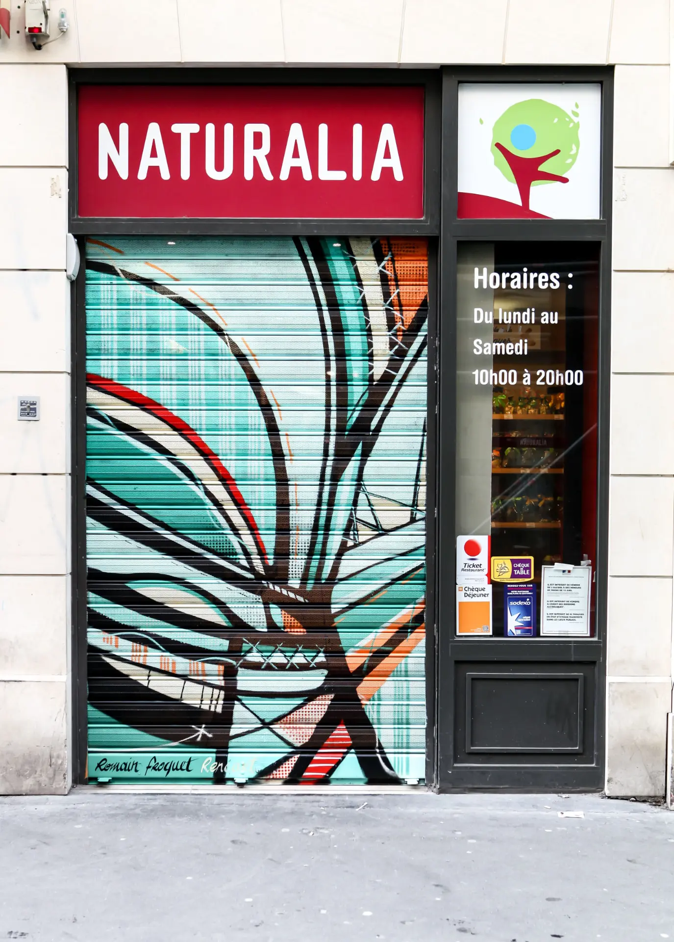 Rideau Naturalia peint d'une composition végétale turquoise par Romain Froquet — Paris