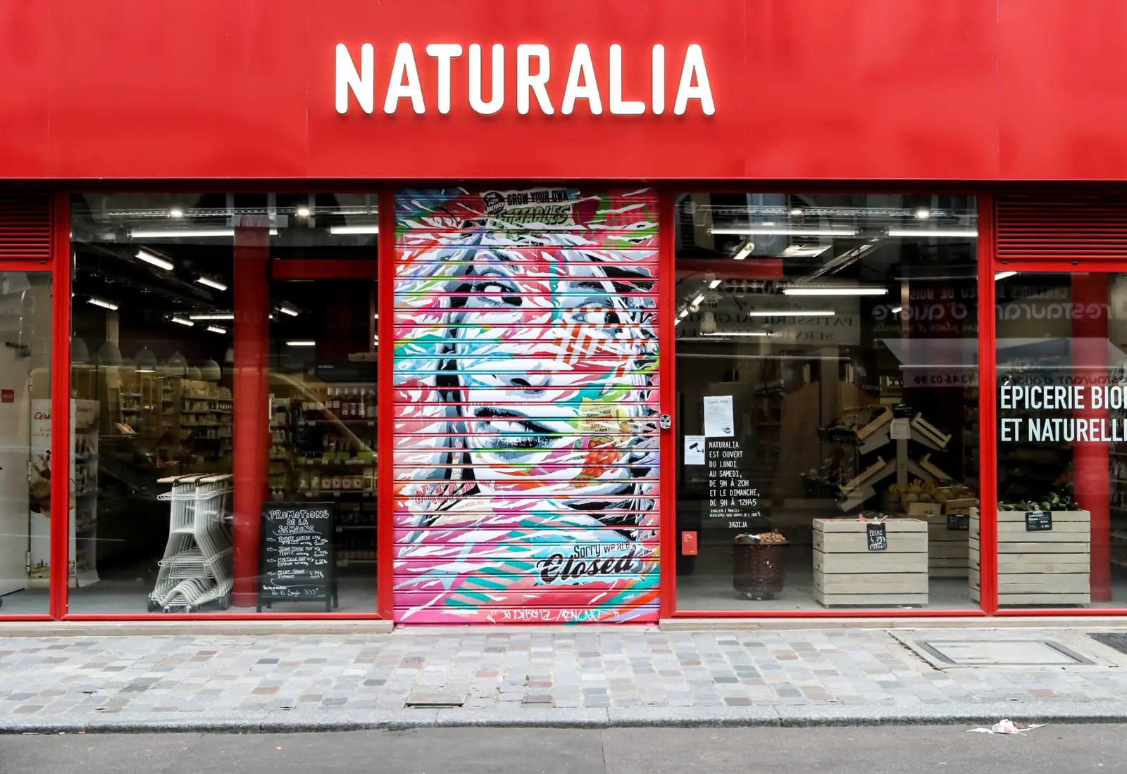 Rideau de fer Naturalia peint d'un portrait coloré par un street artiste — quartier d'Aligre, Paris