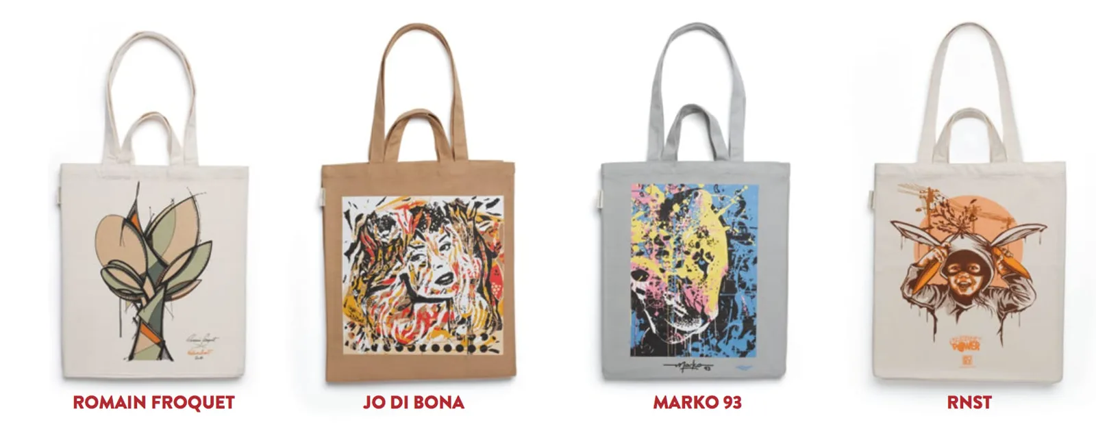 Les quatre totebags engagés Naturalia créés par Romain Froquet, Jo Di Bona, Marko 93 et RNST
